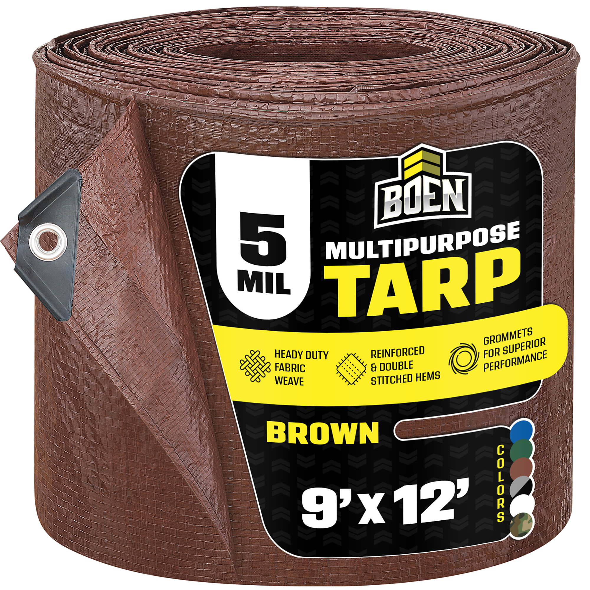 Boen 9 ft x 12 ft Brown Poly Tarp, 5 Mil Waterproof Multipurpose Tarps, Rope Hem, Reinforced Corners, Grommets Every 36 in, Outdoor Camping Yard Equipment